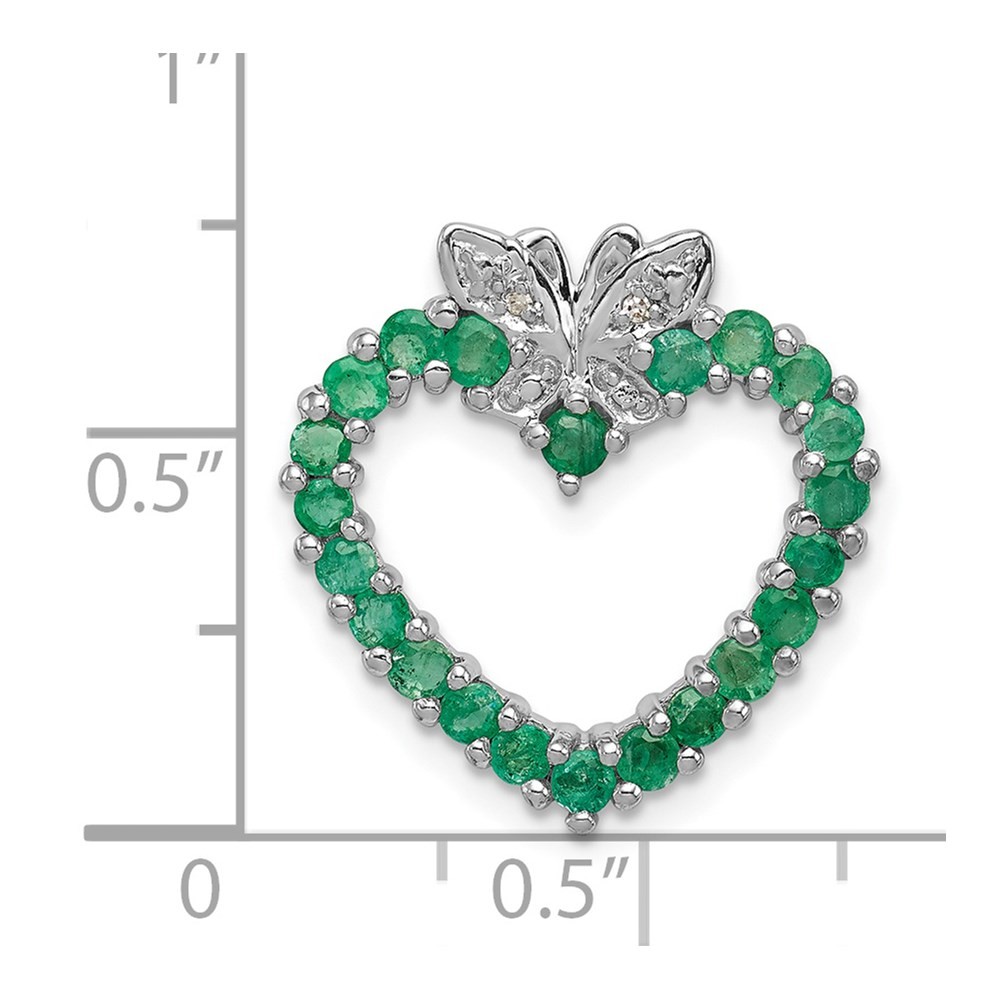 Sterling Silver Rhodium-plated Emerald & Diamond Heart Pendant L-0.79 Inch