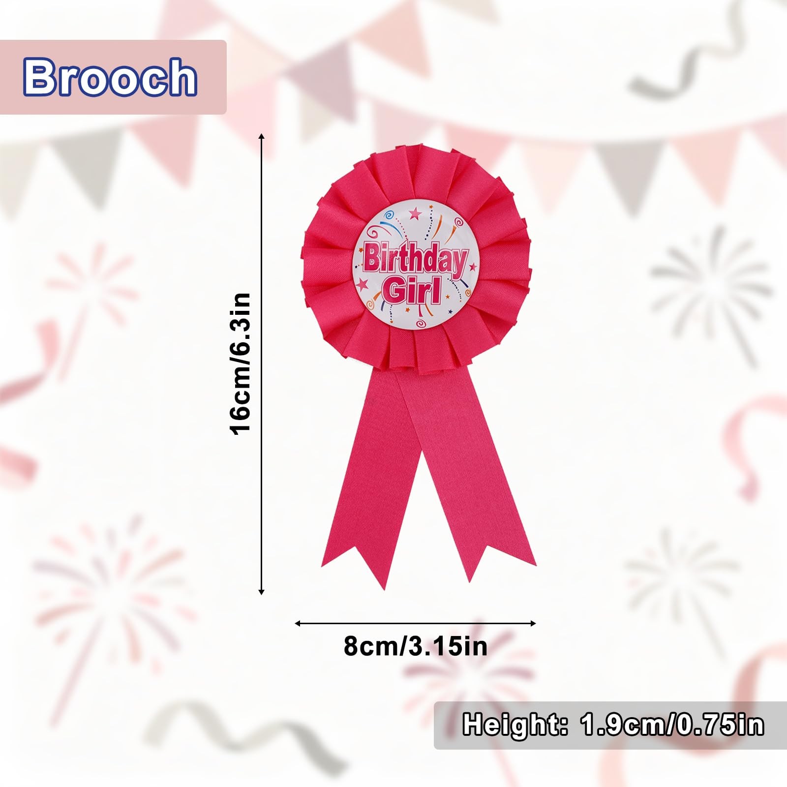 Birthday Girl Pin, Rose Red Satin Ribbon Happy Badge Pin, Medium Size, Polyester