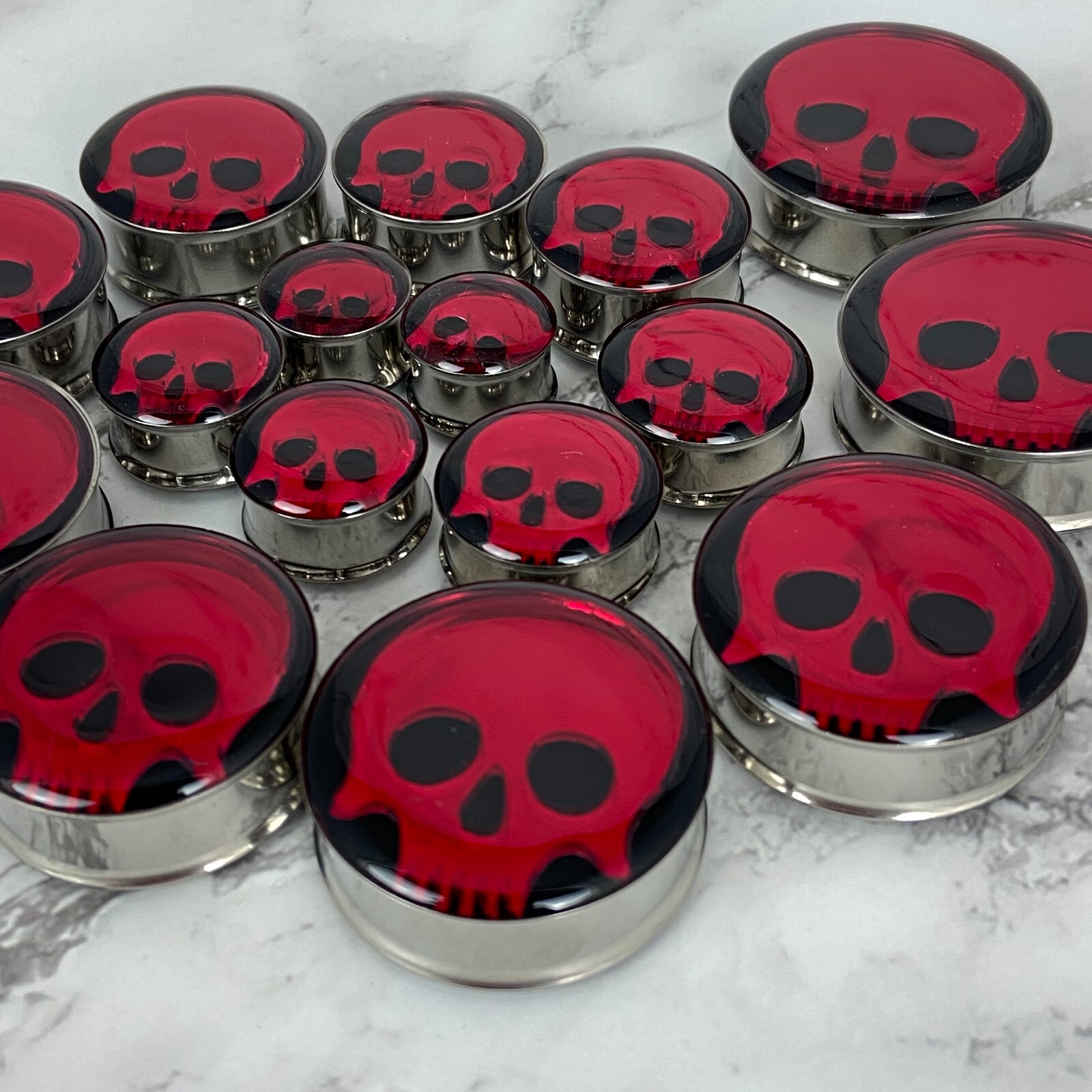 Pair of Embedded Red Chrome Skull Double Flare Plugs gauges tunnels