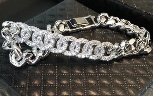 18K White Gold Filled Cuban Link Chain Bracelet made Simulated Diamond 7”