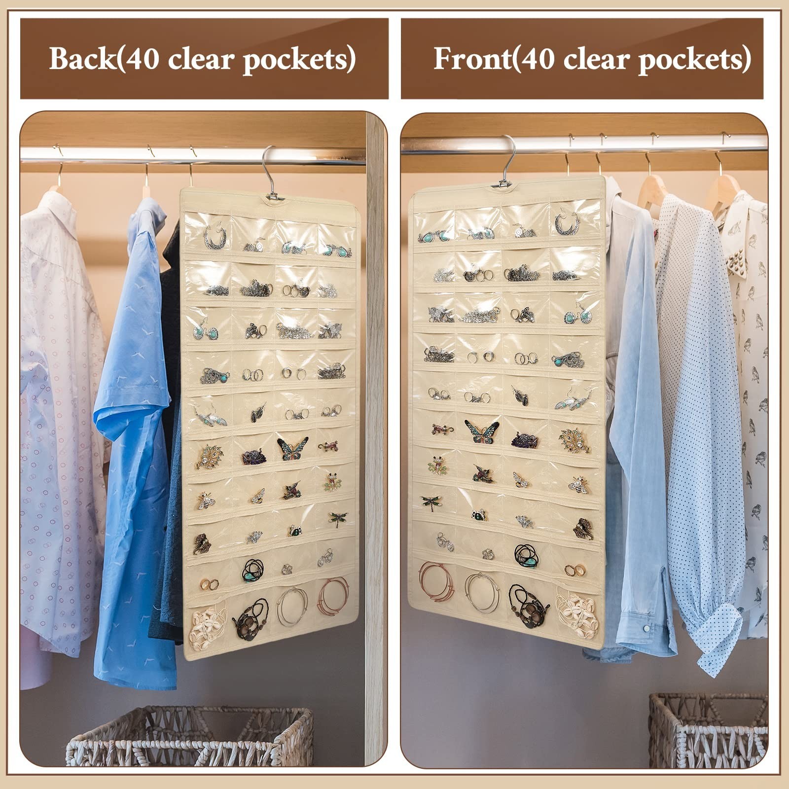 6 Pcs Jewelry Organizer Roll – 80 Pocket Dual-Sided Hanging Storage for Necklace