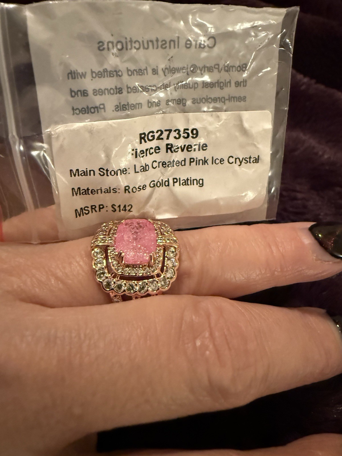 RG27359 Fierce Reverie Pink Cushion Crystal Cocktail Ring Rose Gold Sz 8