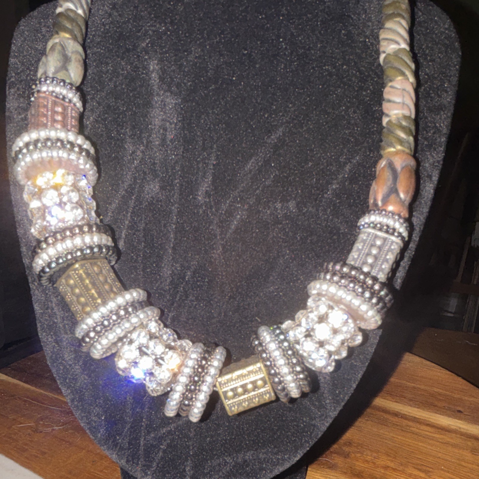 Gold Tone Beige Beaded Statement Necklace Rhinestone Adjustable Cable Chain