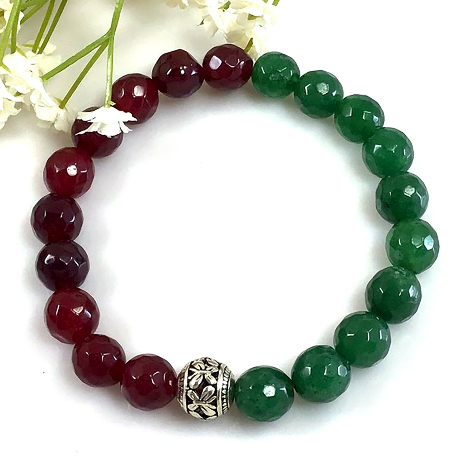 Jade Bracelet, Green and Red Jade Bracelet, healing gemstone stretchy for women