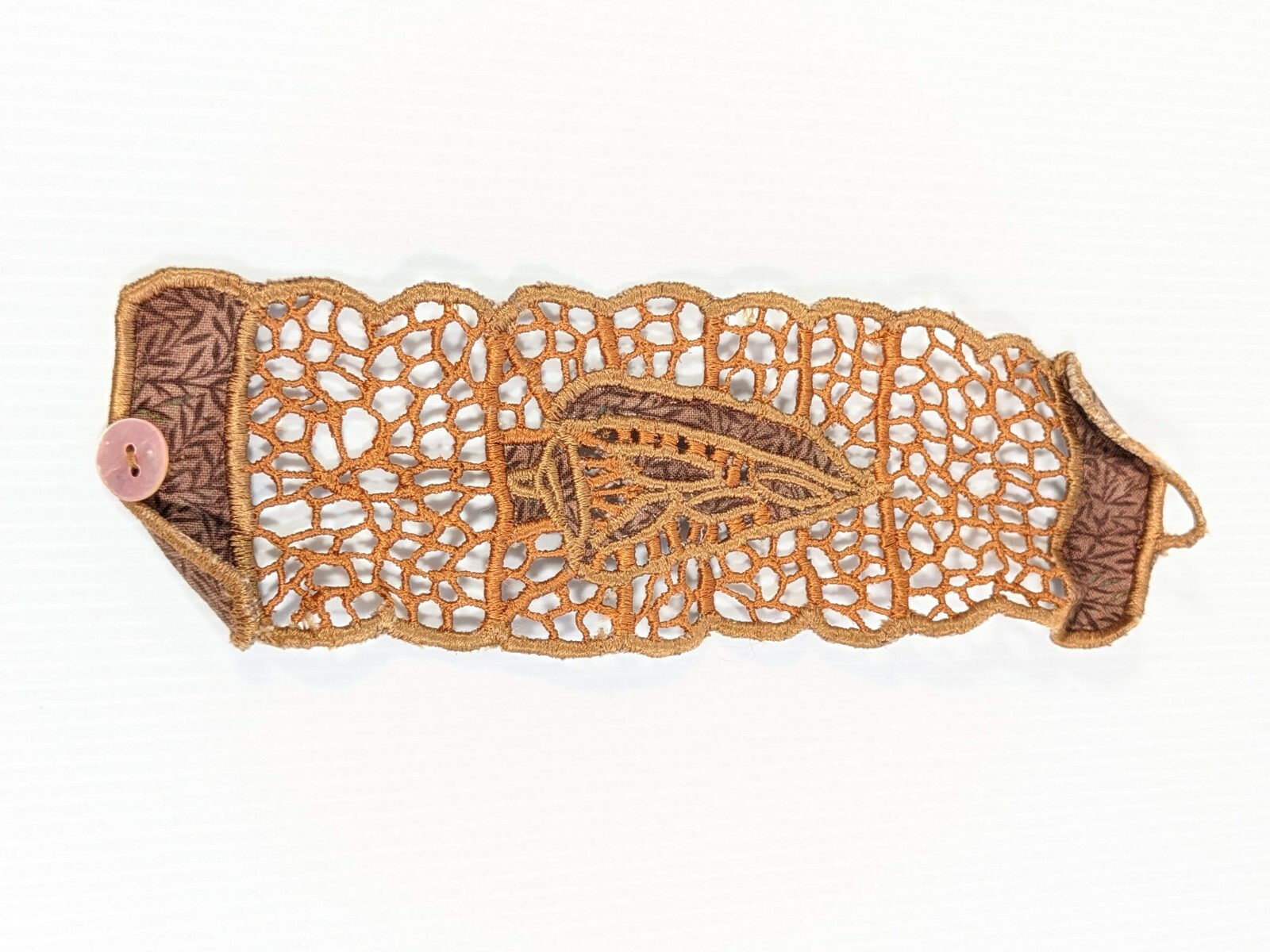 Artisan Crochet Style Brown Leaf Arrowhead Wide Band bracelet 7.5 Inches