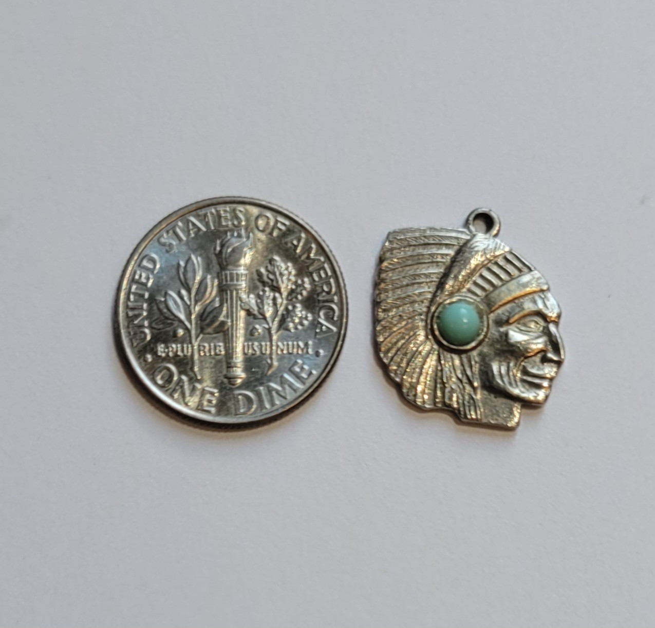 Native American Indian Chief Head Charm Faux Turquoise Nickel Silver Vintage