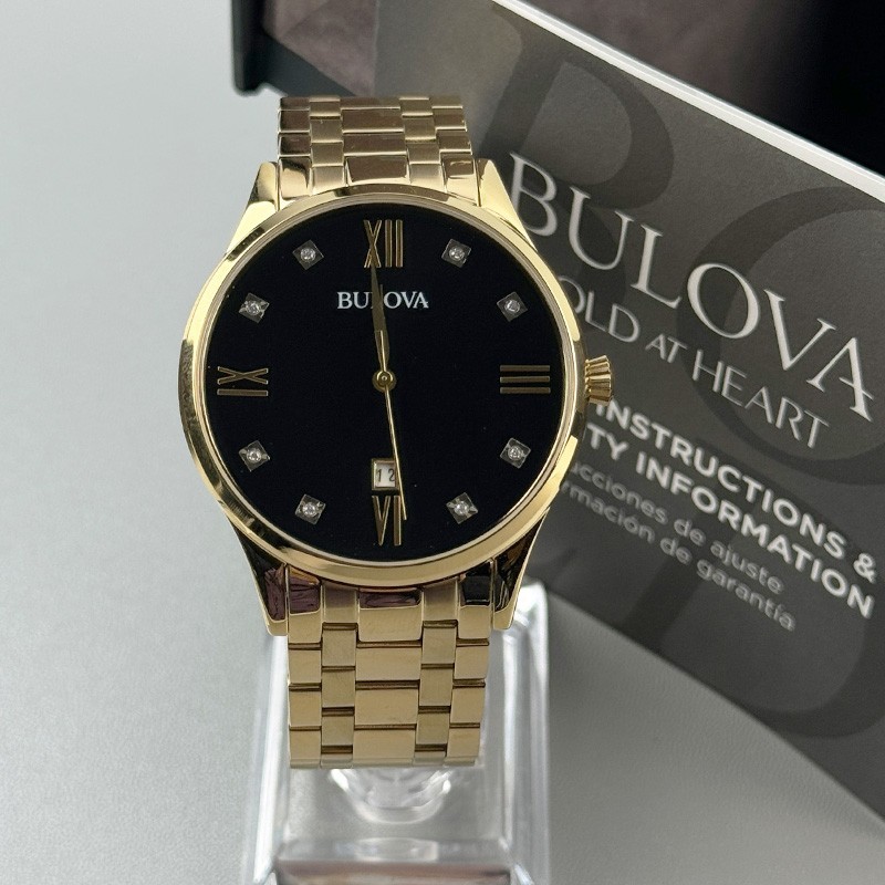 Bulova Classic 97D108 Black Diamond Dial Gold-Tone Bracelet Men’s Quartz Watch