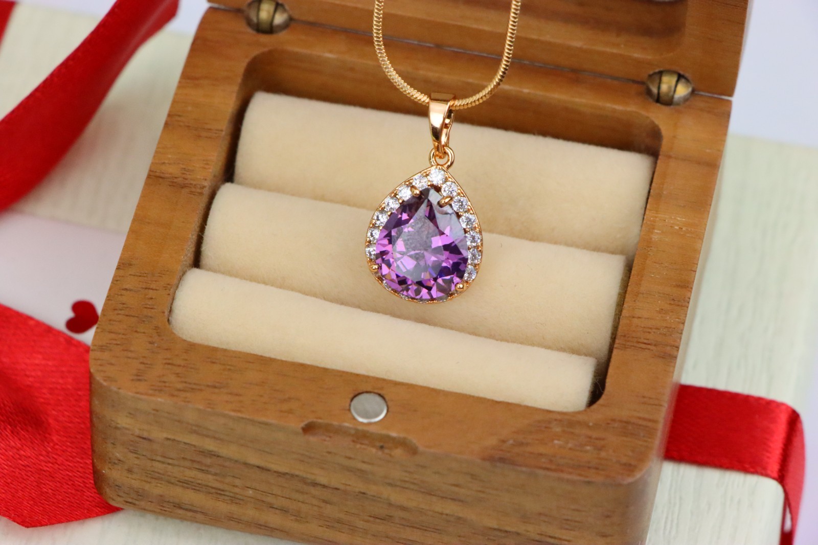 with Crystal Halo in Elegant Rose Gold Finish, XPPT1615 Teardrop Purple Pendant