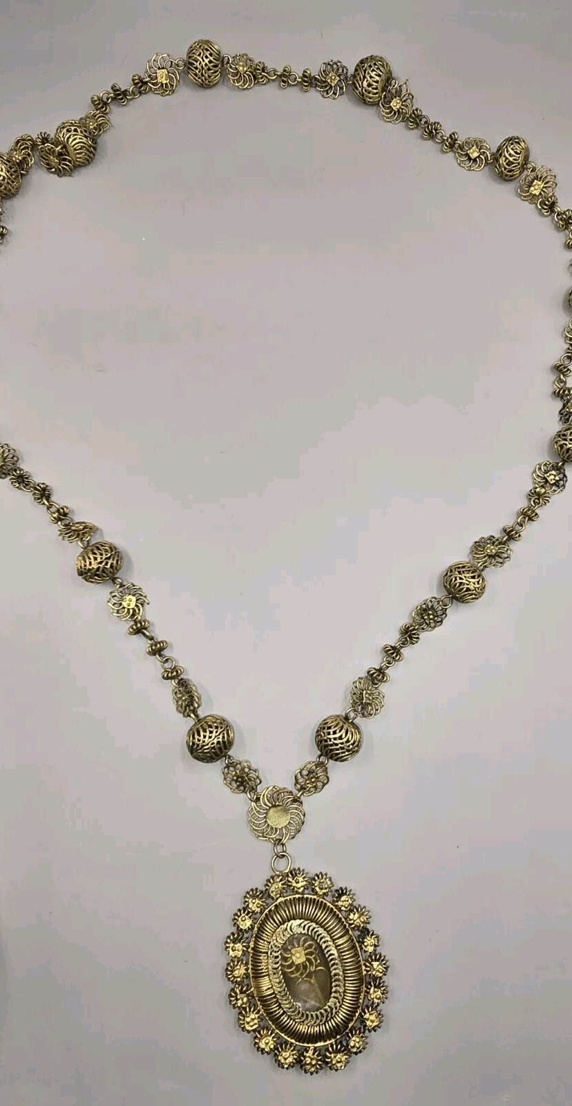 Philippines Tambourine Reliquary Gilt Copper Filigree Pendant Necklace Tamborin