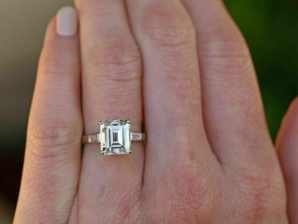 3Ct Emerald Cut Lab Created Diamond Womens Engagement Ring 14K White Gold Plated