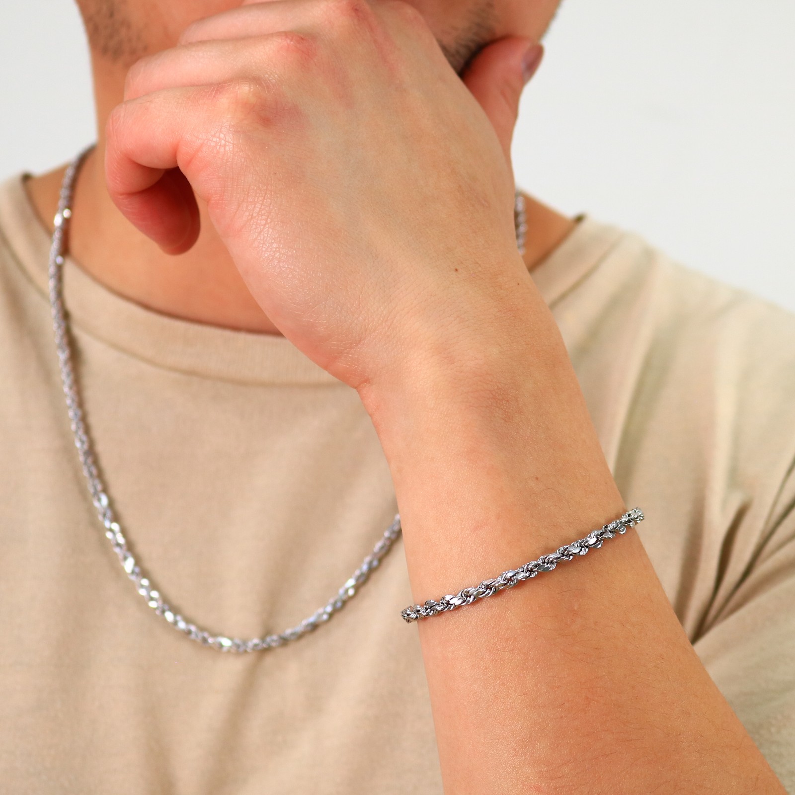 10K White Gold 3mm Diamond Cut Rope Bracelet Mens Womens 7″ 7.5″ 8″ 8.5″ 9″