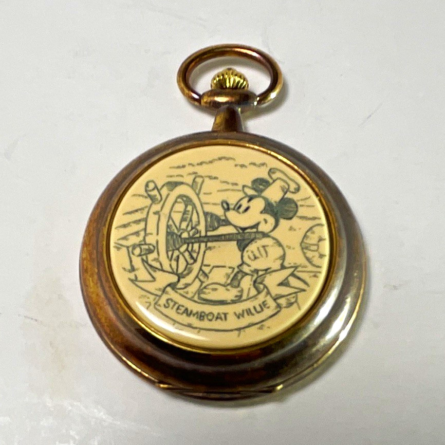 Disney Mickey Mouse Full Hunter Quartz Analog Pocket Watch Gold Tone Metal