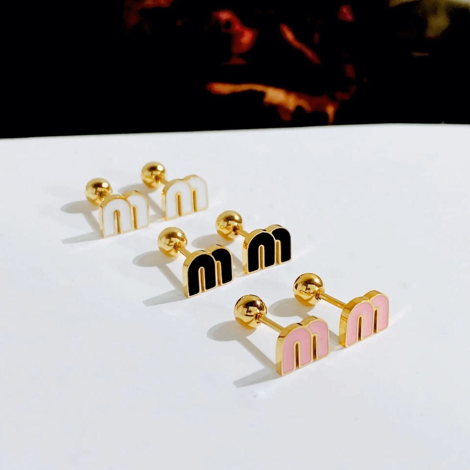 Dainty Black Letter M Charm Stud Earrings Stianless steel