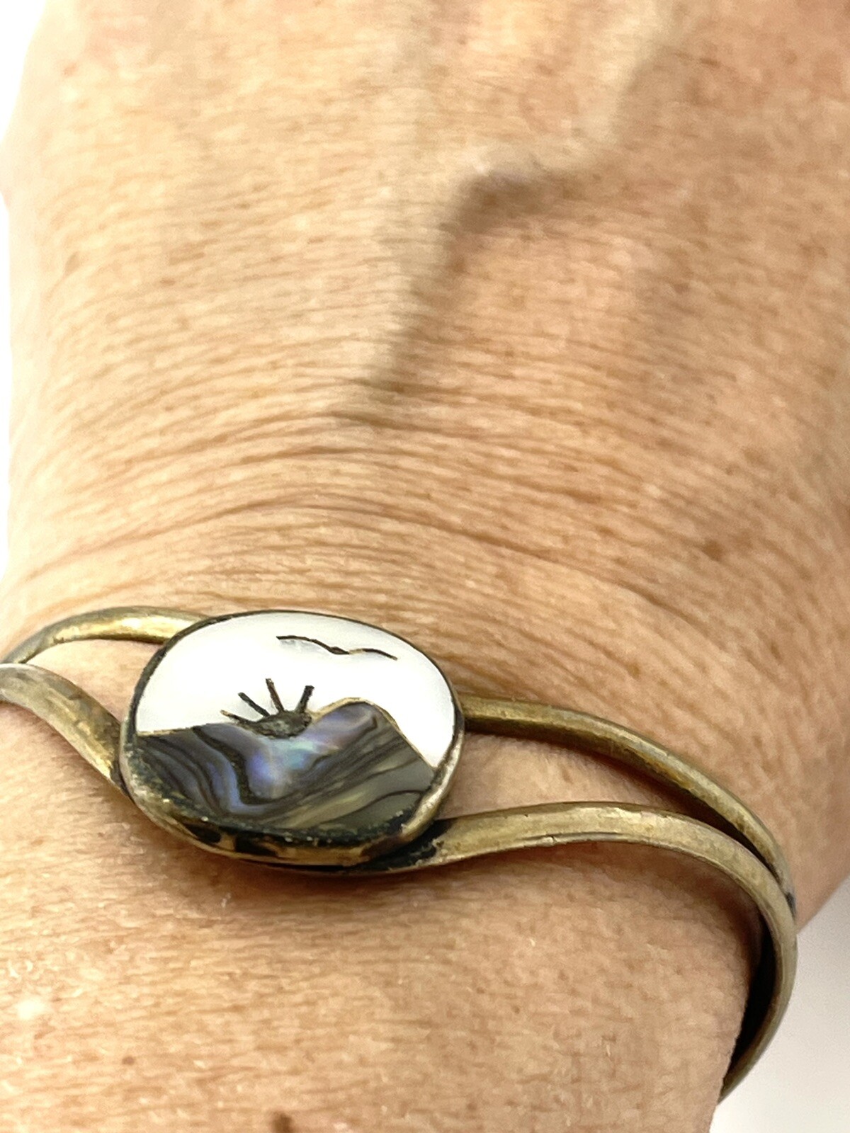 Rustic Artisan Made MOP Abalone Solid Brass Cuff Bracelet Size 6-6.50 Inches