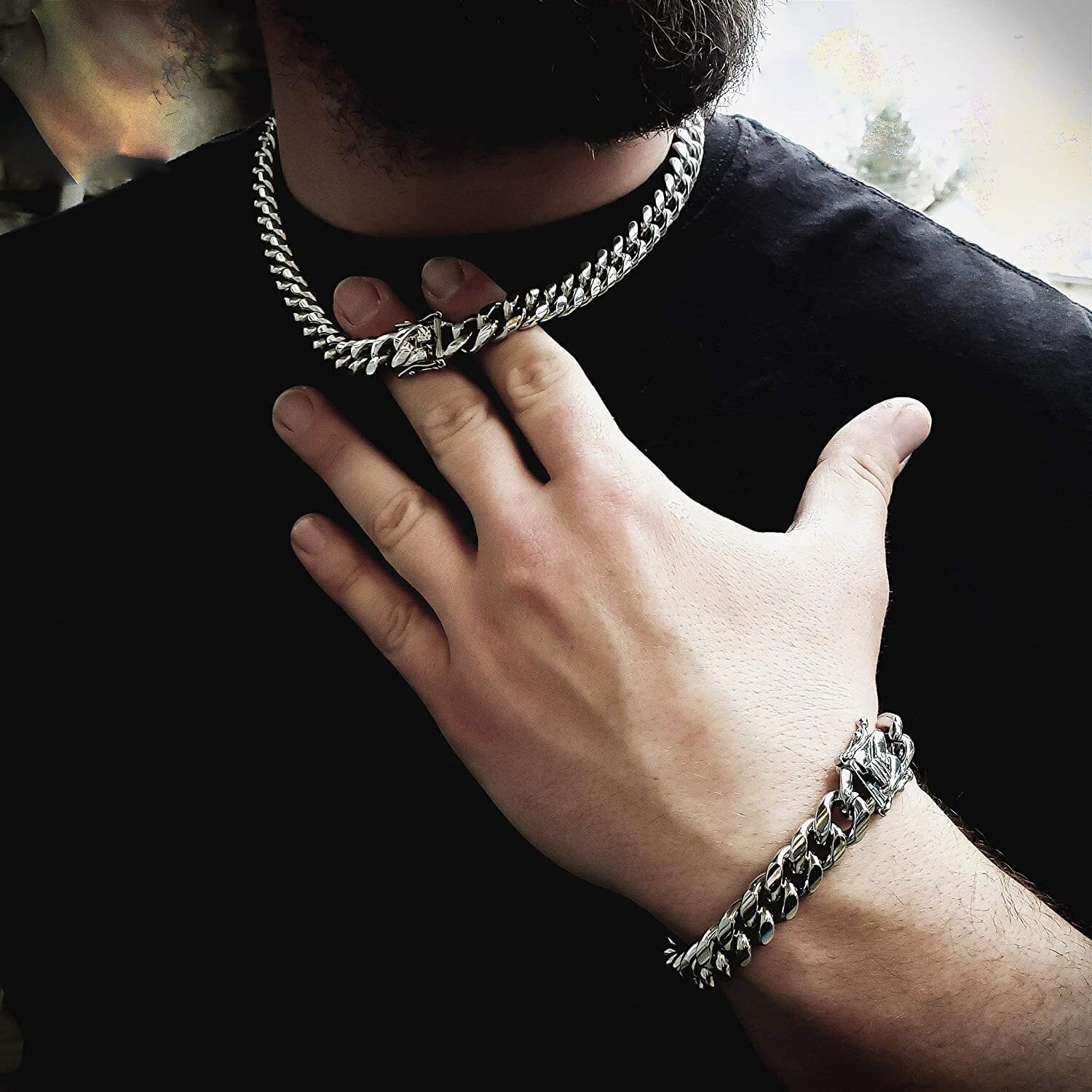 Men’s Heavy Miami Cuban Link Chain & Bracelet Combo Set Silver Stainless Steel