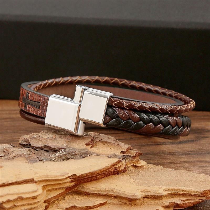Cross Leather Bracelet – Hand-Woven Multilayer Men’s Accessories Jewelry 1pc