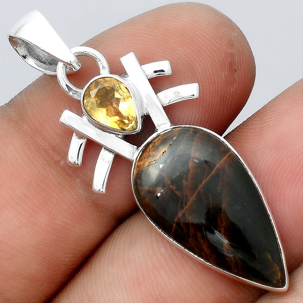 Turkish Rainforest Chrysocolla and Citrine 925 Silver Pendant Jewelry P-1046