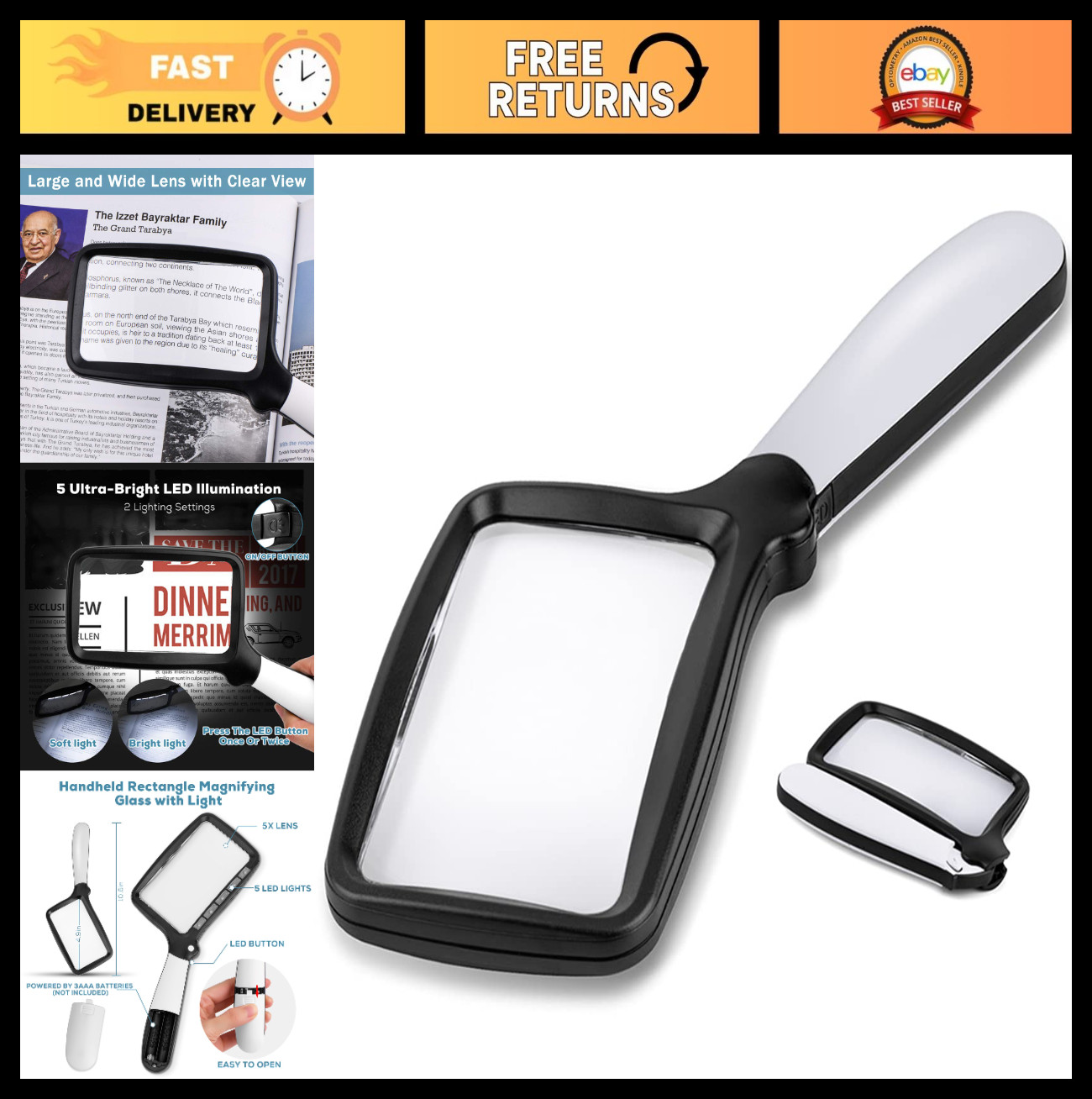 5X Folding Handheld Magnifying Glass with LED Light – Large Rectangle Magnifier