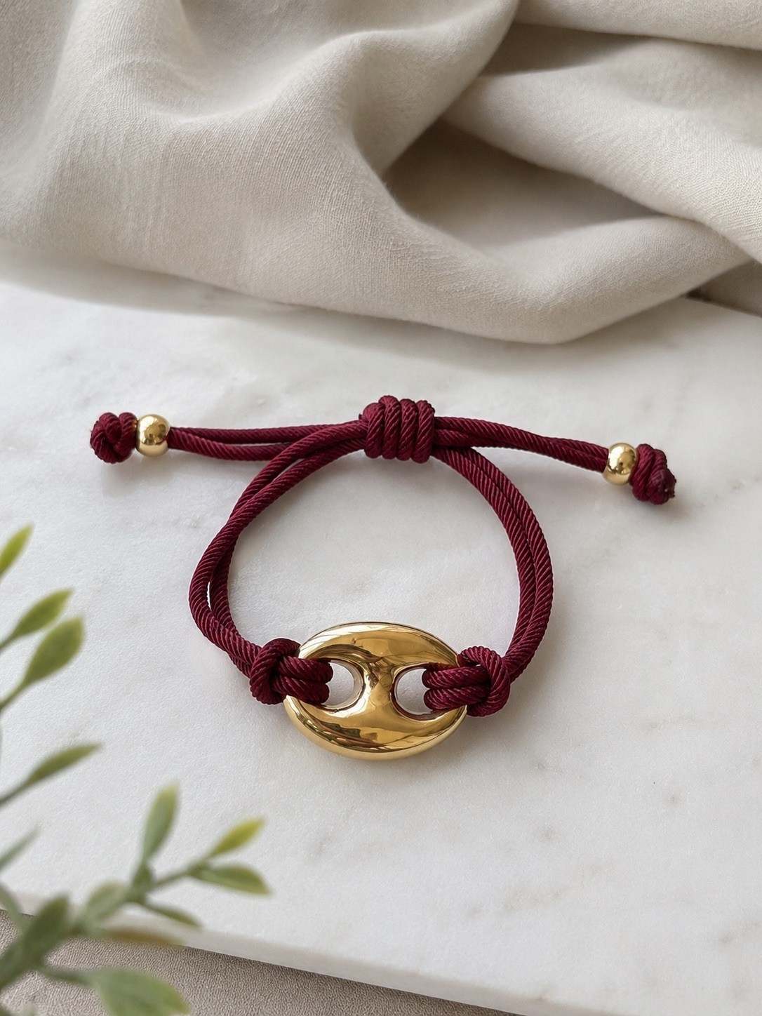 Burgundy Cord Bracelet with Gold Oval Charm, Adjustable