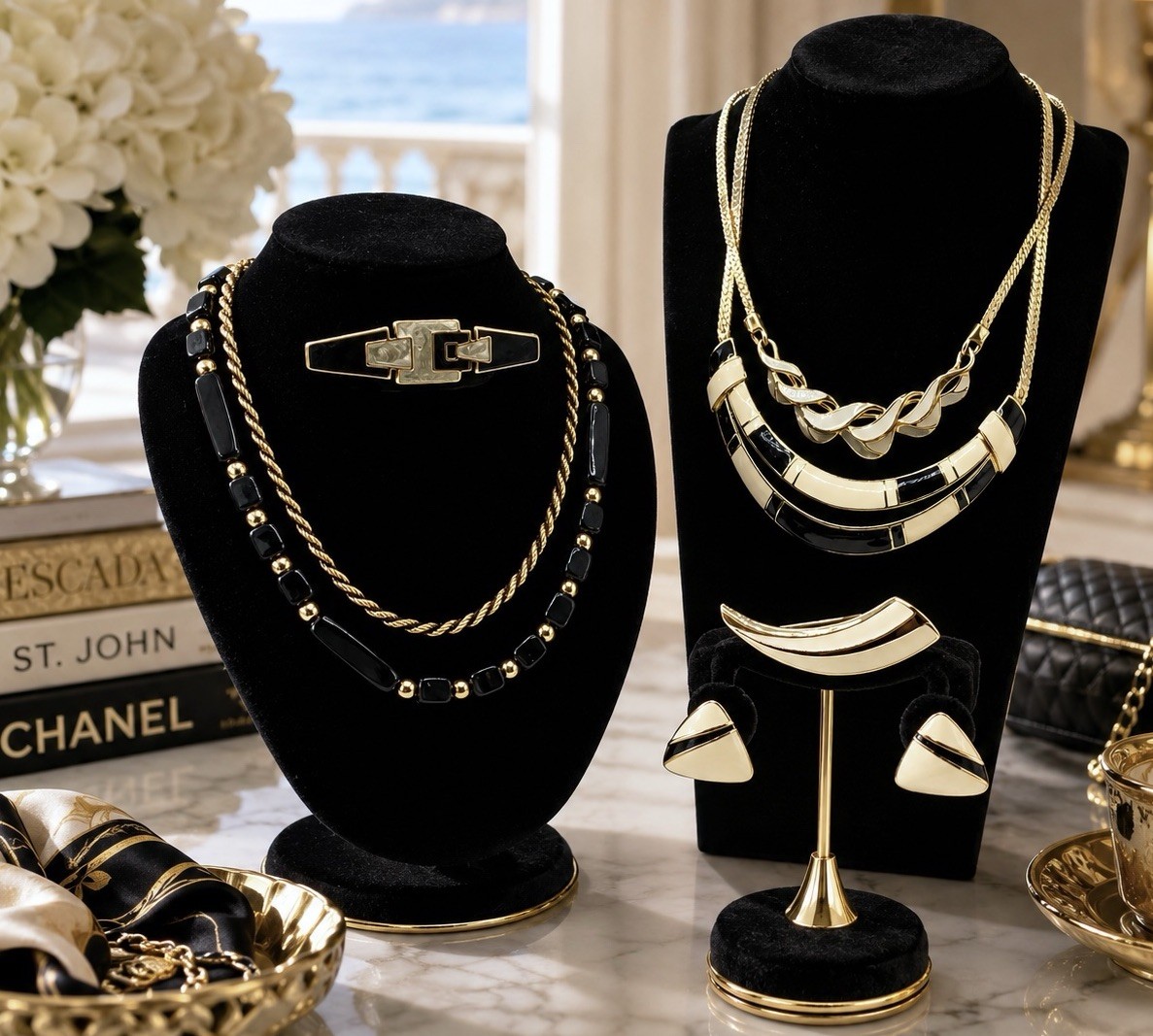 Signed Vintage Trifari Park Avenue Noir 7 Pc Power Era Black Cream Jewelry