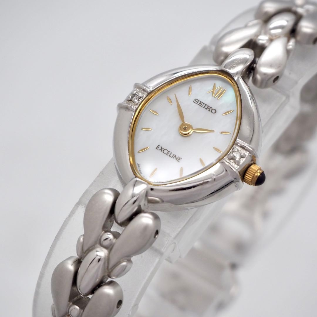 Seiko Exceline 2P Diamond Shell Oval White Quartz Ladies Watch Japan 0715240