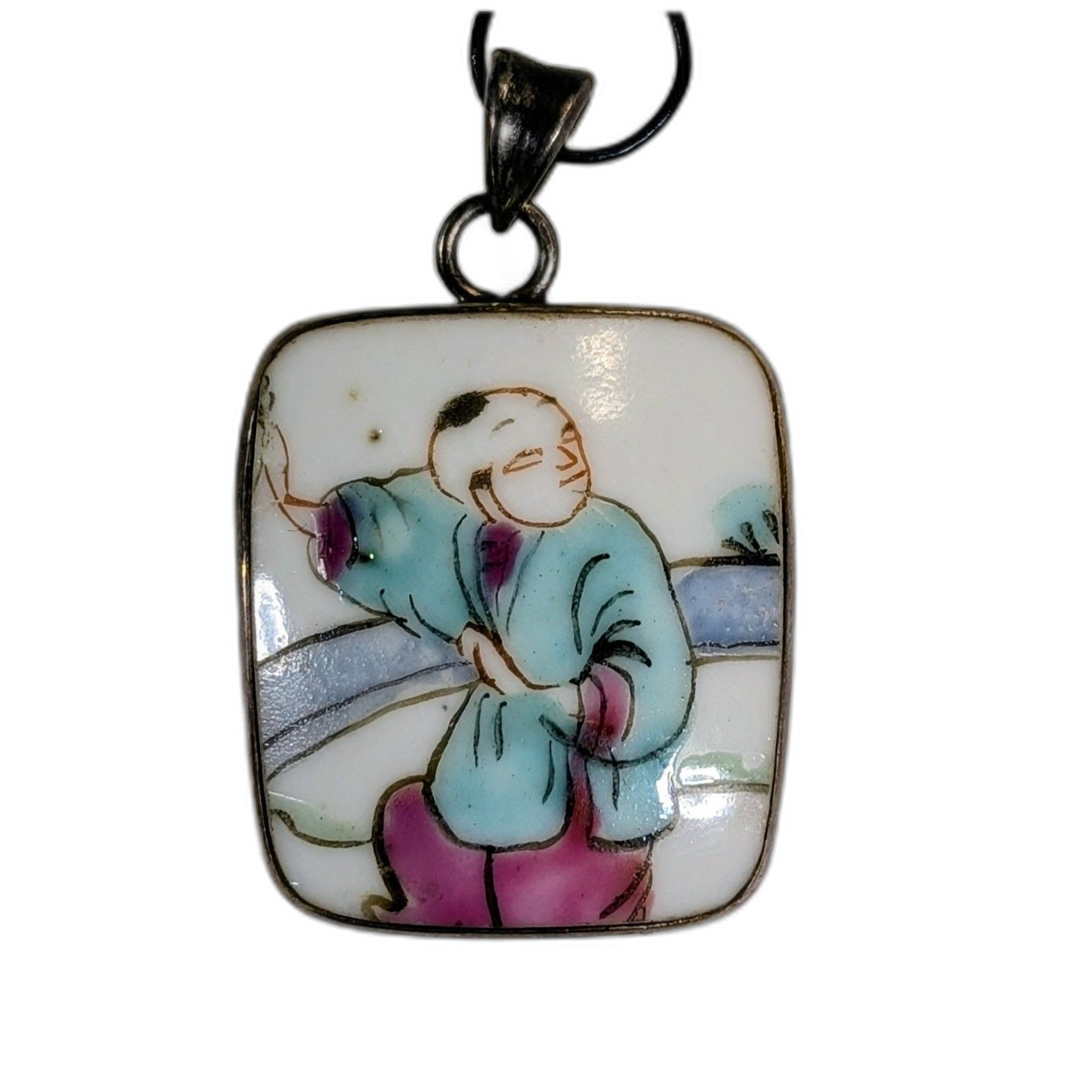 Antique Hand Painted Chinese Porcelain Shard Pendant in Vintage Metal Setting