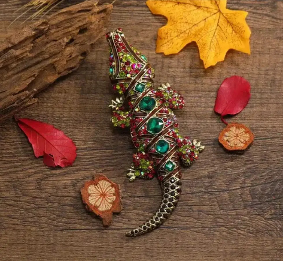 Giant & BEAUTIFUL RHINESTONE & ENAMEL Alligator /Crocodile BROOCH PIN 5.5″ x 2″