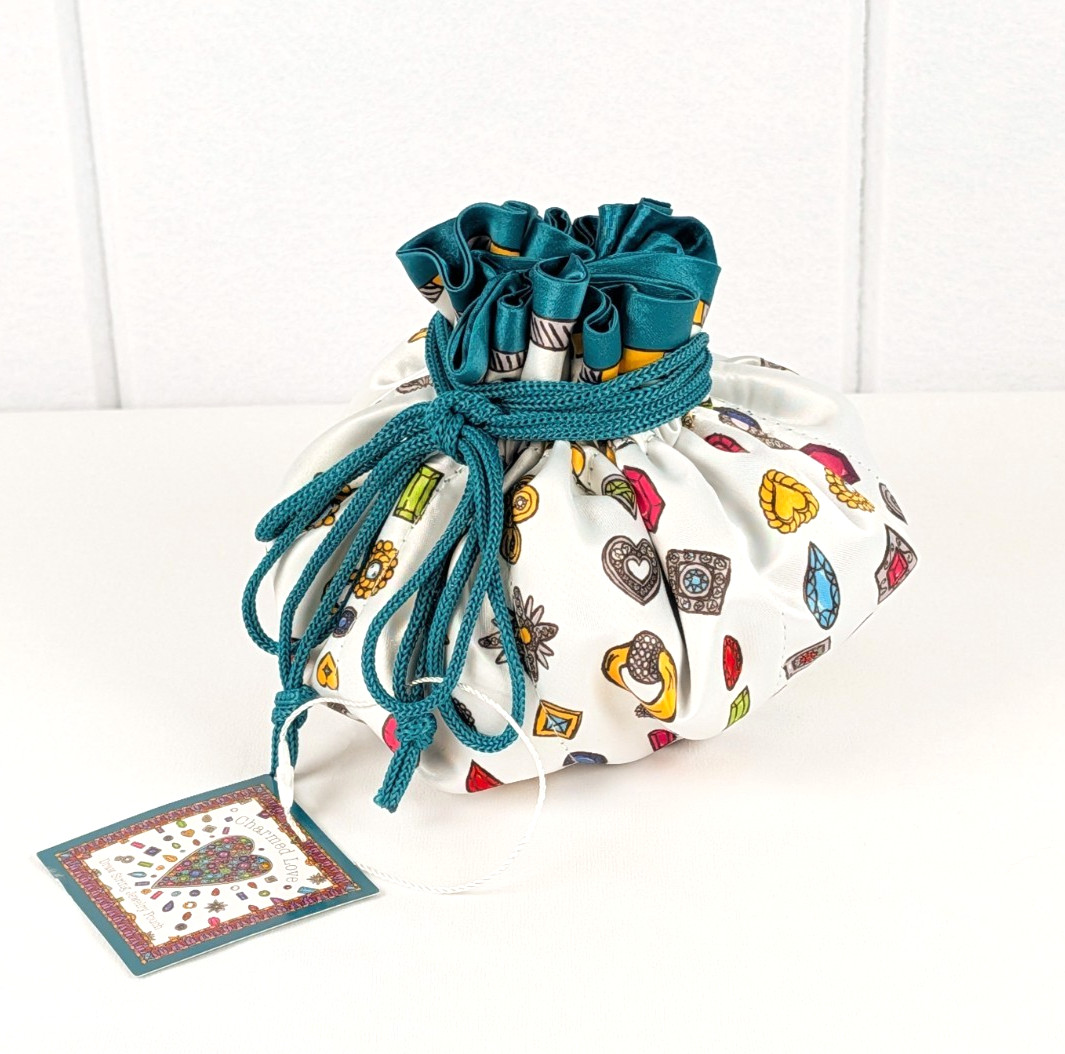 BRIGHTON “Charmed Love” Draw-String Jewelry Pouch Teal White Satin w/Jewels NEW