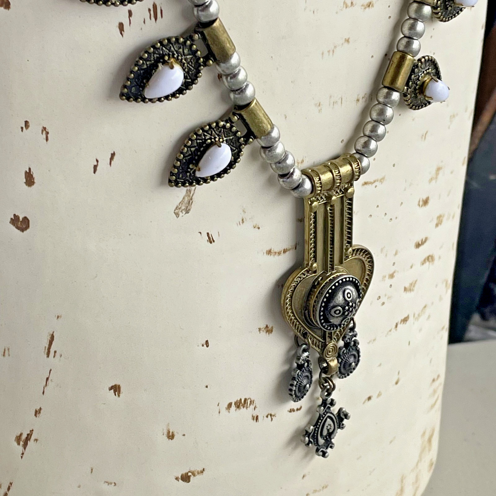 Vintage ELFE Italy White Resin Naja Squash Blossom Statement Pendant Necklace