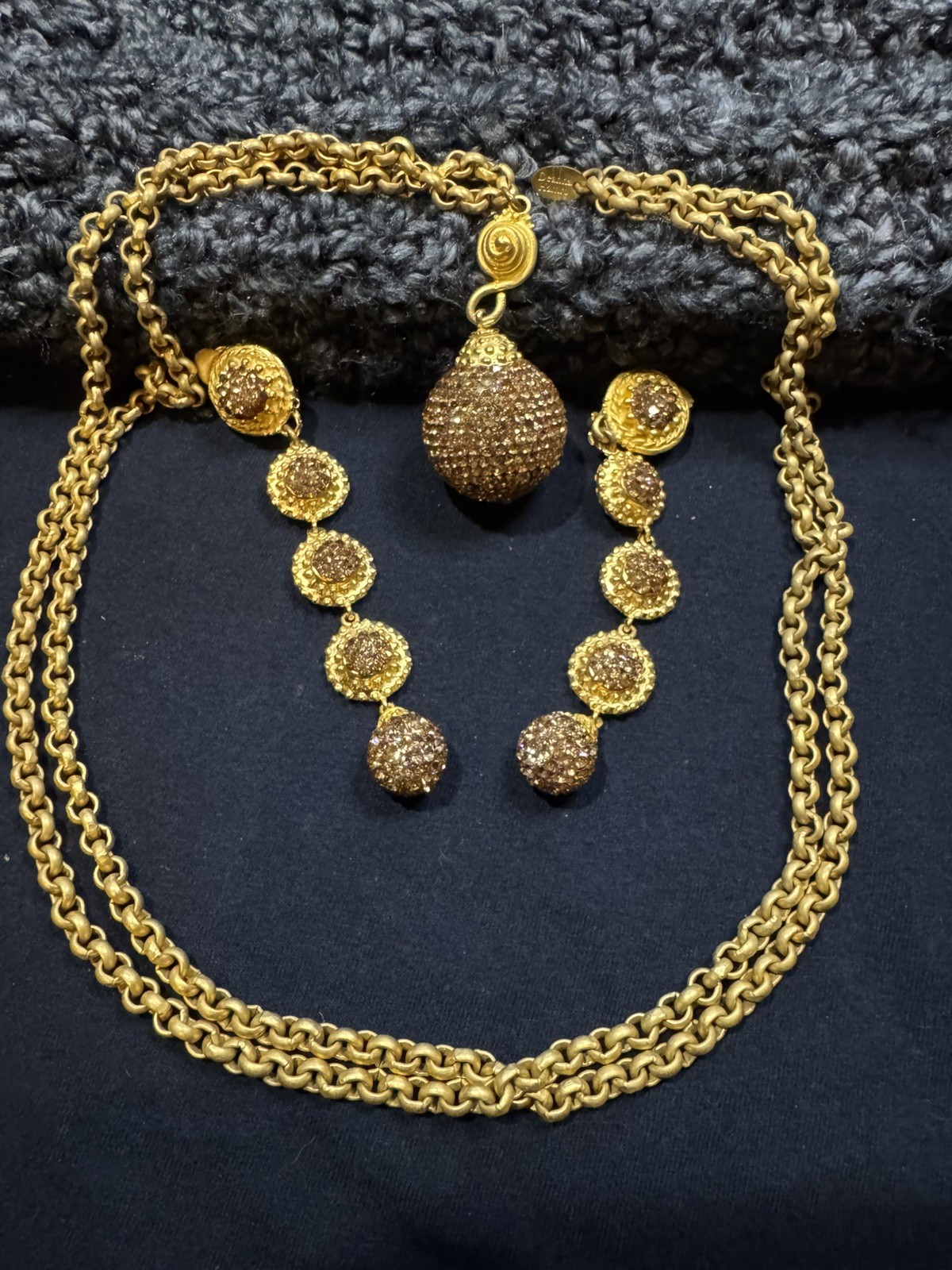 Vintage Deanna Hamro Gold Tone Crystal Pave Necklace(42″) & Earrinng Set, Signed