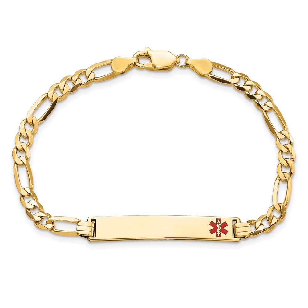 14K Yellow Gold Solid Chain 33x6mm Red Enamel Flat Figaro Link Bracelet 7″