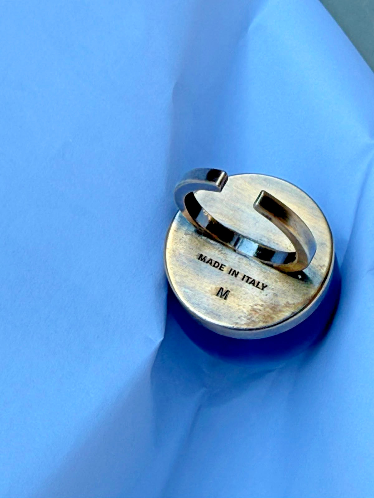 Fendi open-band cocktail ring deep blue spherical glass brass tone