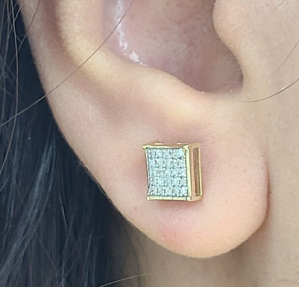 DEAL!10K Gold Genuine Natural Pave Diamonds Square Kite Earrings 0.15ct 7.10MM