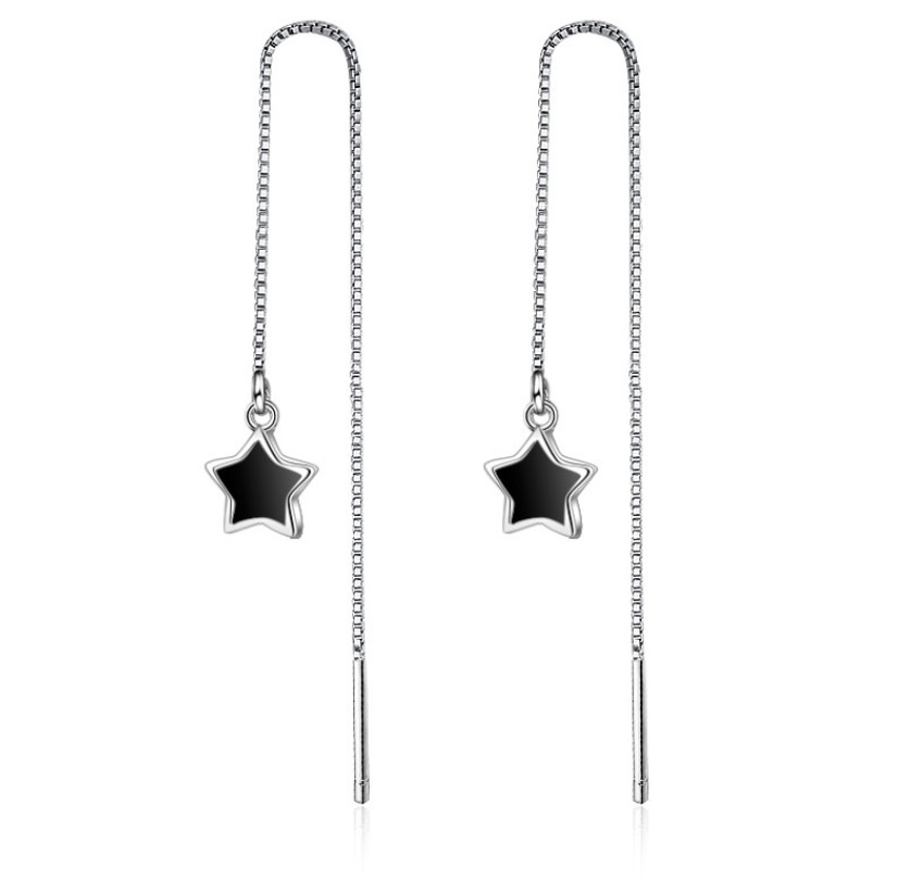 Black Enamel Star Threader Earrings Long Chain Drop Dangle 925 Silver Plated TH4