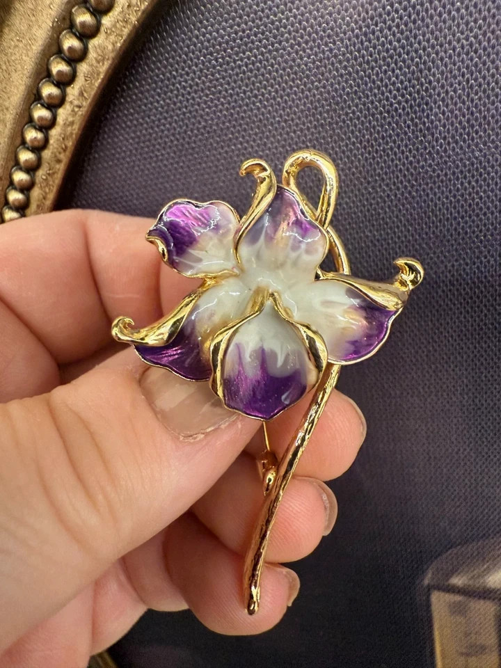 New Orchid Enamel Flower Brooch, 2.28-Inch, 14K Gold‑Plated Pin