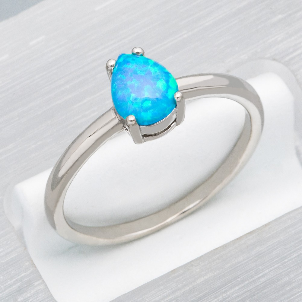 5×7 Pear Blue Fire Opal Silver Jewelry Simple Women Solitaire Ring Size 6 8