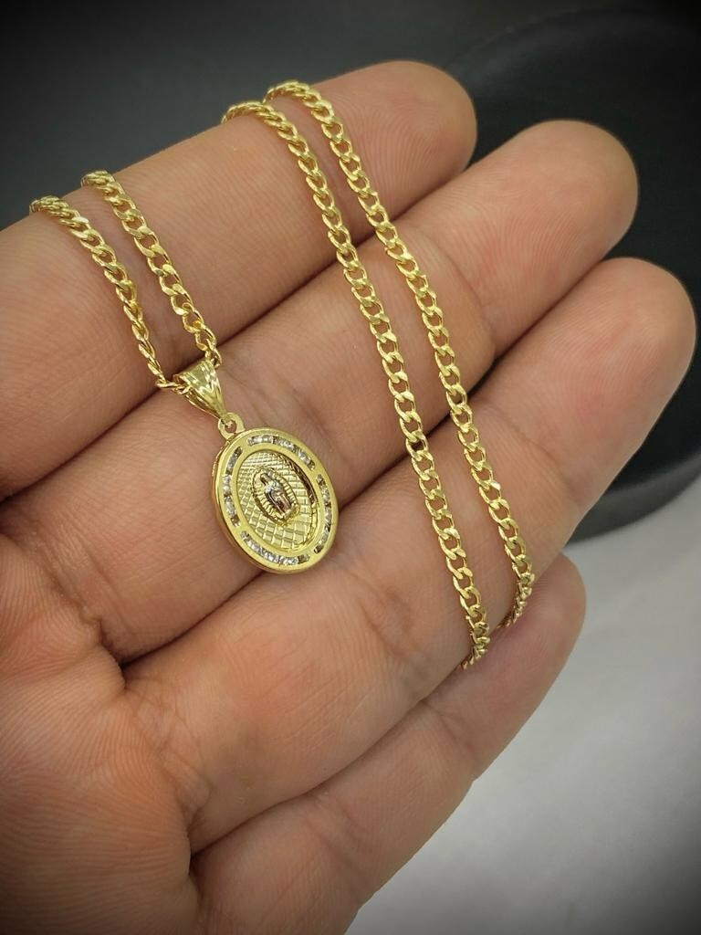 14k Oro Laminado Medalla de Virgen de Guadalupe & Cadena Para Mujer Niños Curb