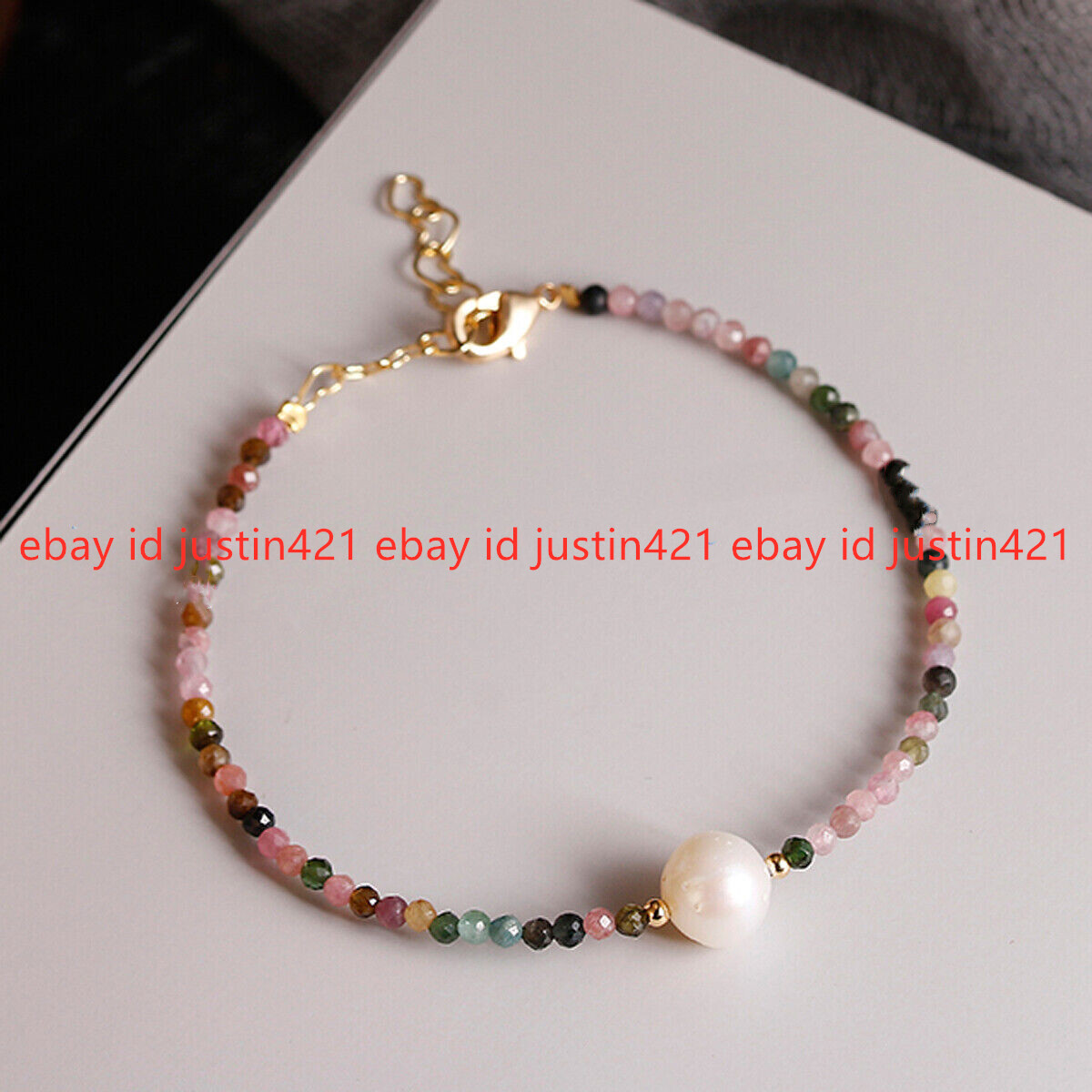 Faceted 3mm Natural Multicolor Tourmaline Round Gems White Pearl Bracelet 7.5”
