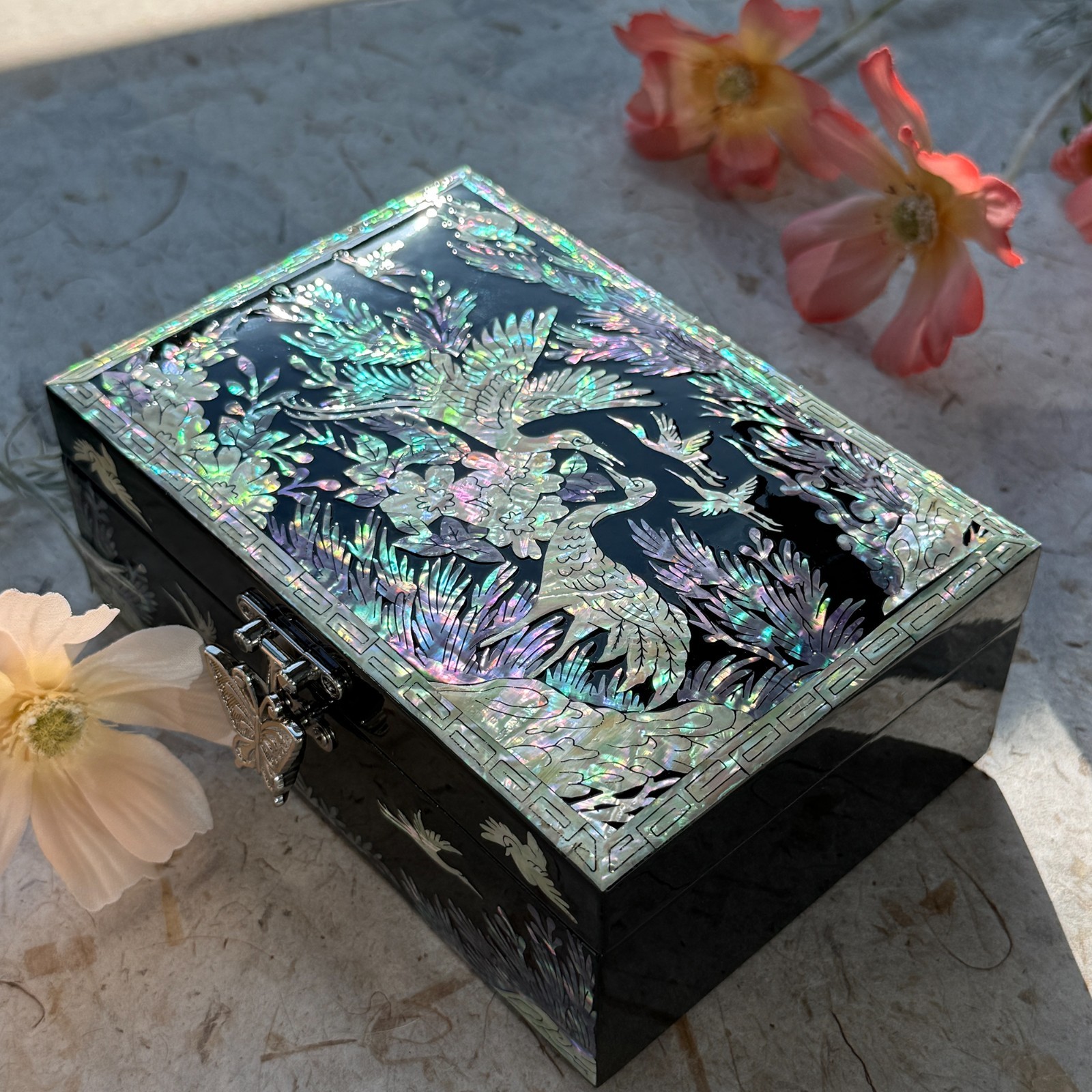 Korea Traditional Mother of Pearl Jewelry Box Crane Design wood trinket box
