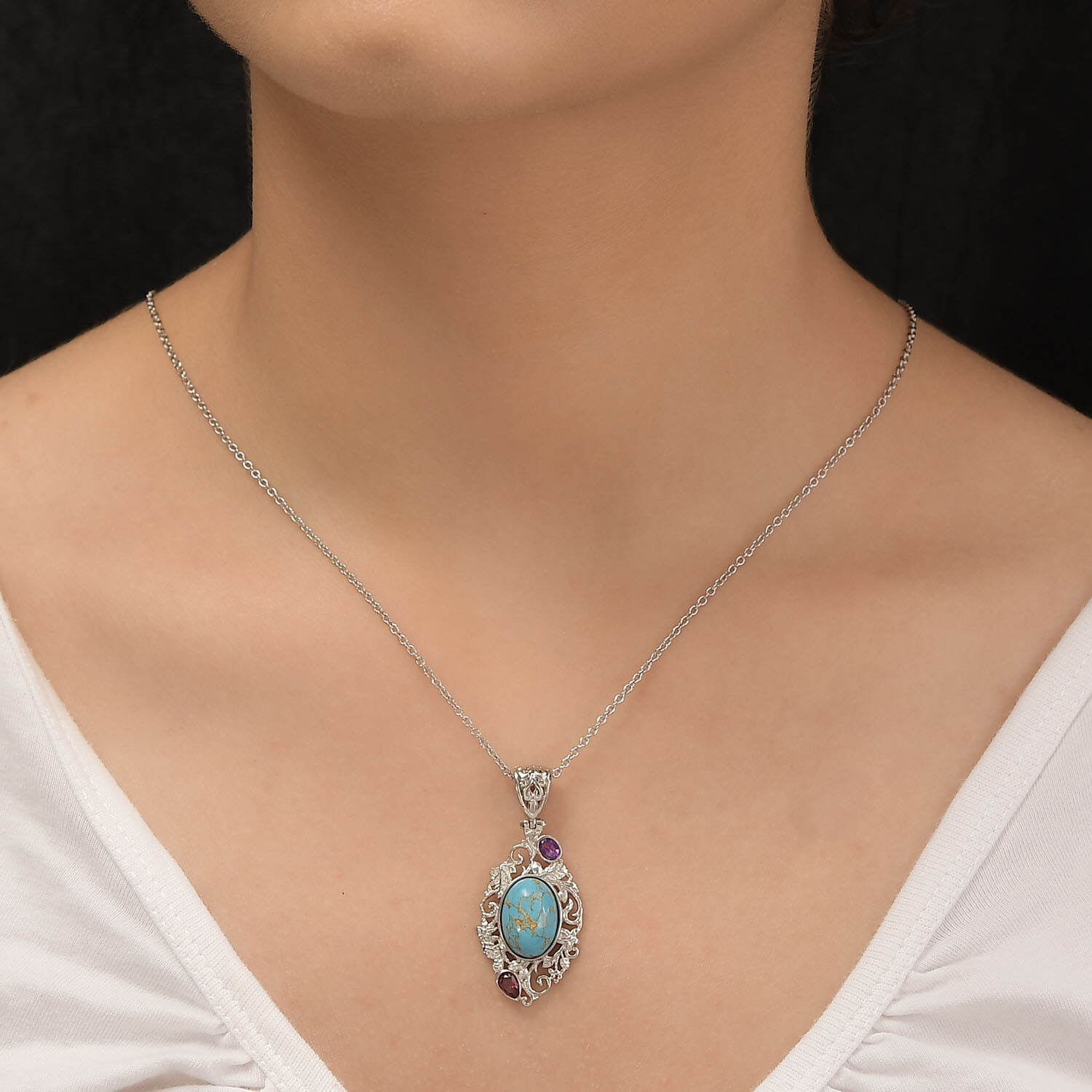 5.85ctw Mojave Turquoise Pendant & Chain 24″ Platinum Plated Copper & Stainless