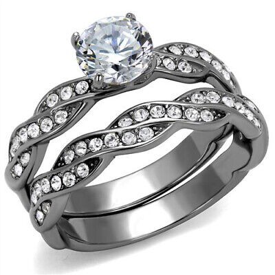 6.5mm Round CZ w Accents Braid Engagement Ring Set Lt Black IP Stainless Steel