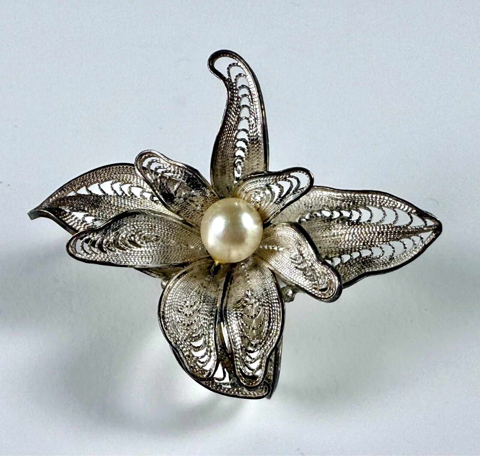 VINTAGE SILVER FILIGREE PEARL FLOWER BROOCH PIN – 1 5/8 INCHES