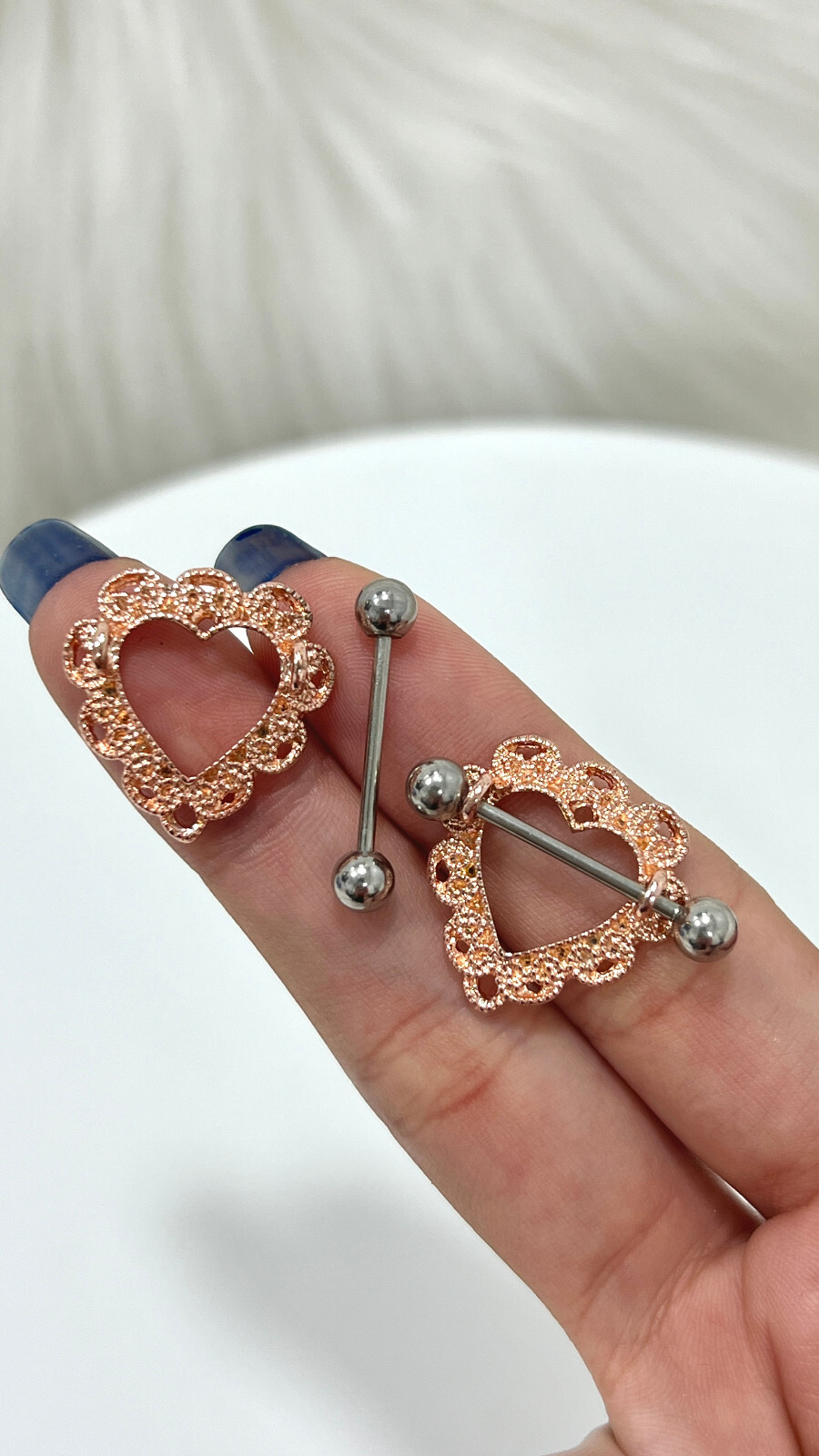 Nipple rings Barbells surgical steel Heart rose gold design Sold as a pair