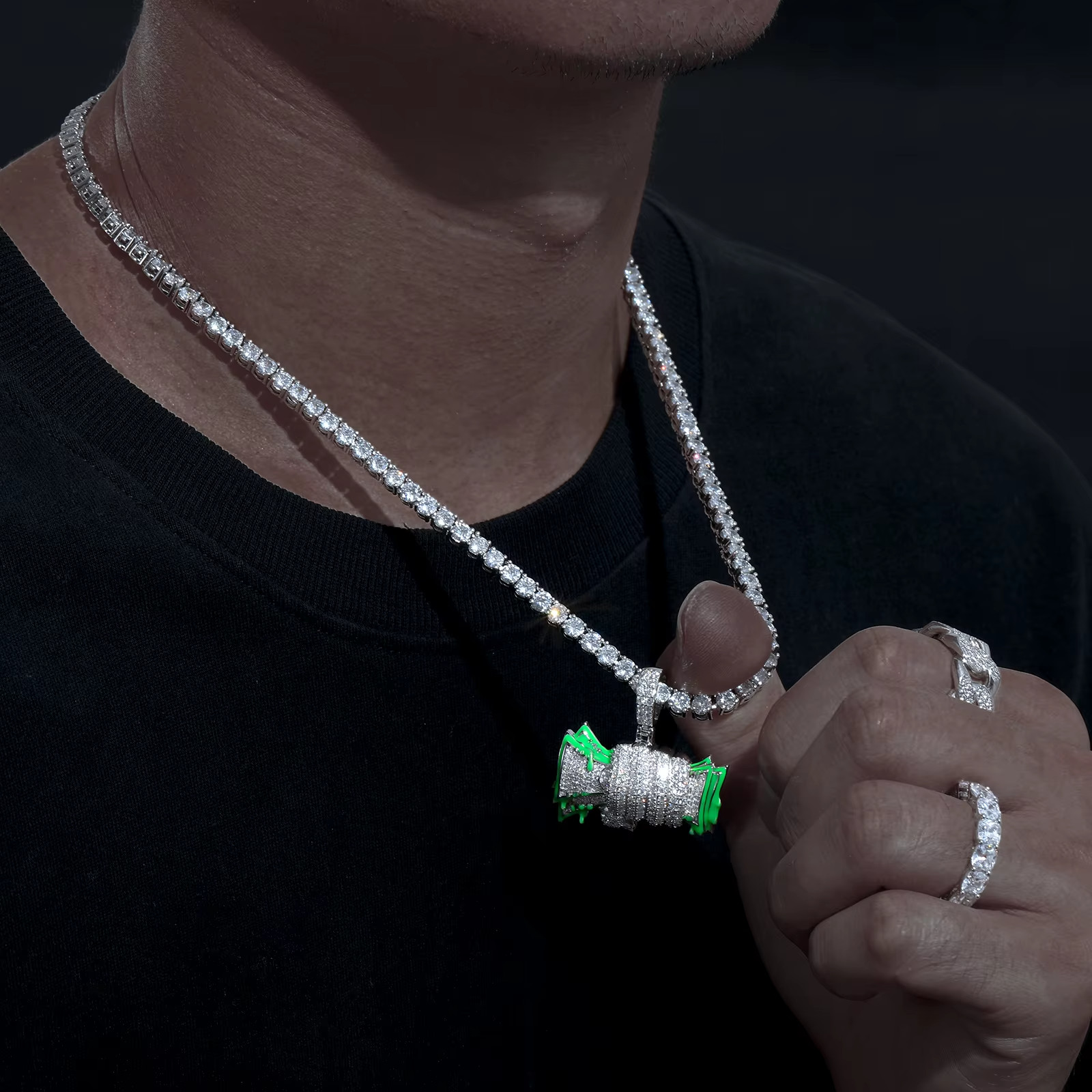 Glow in Dark Money Fist Pendant 925 Silver Moissanite 14k White Gold Plated