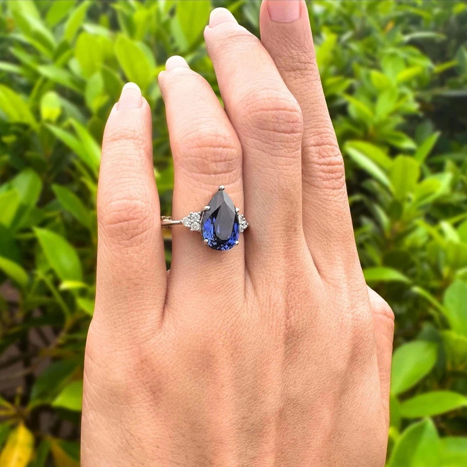 4.80Ct Pear Cut Natural Blue Sapphire & Diamond 14K White Gold Wedding Ring