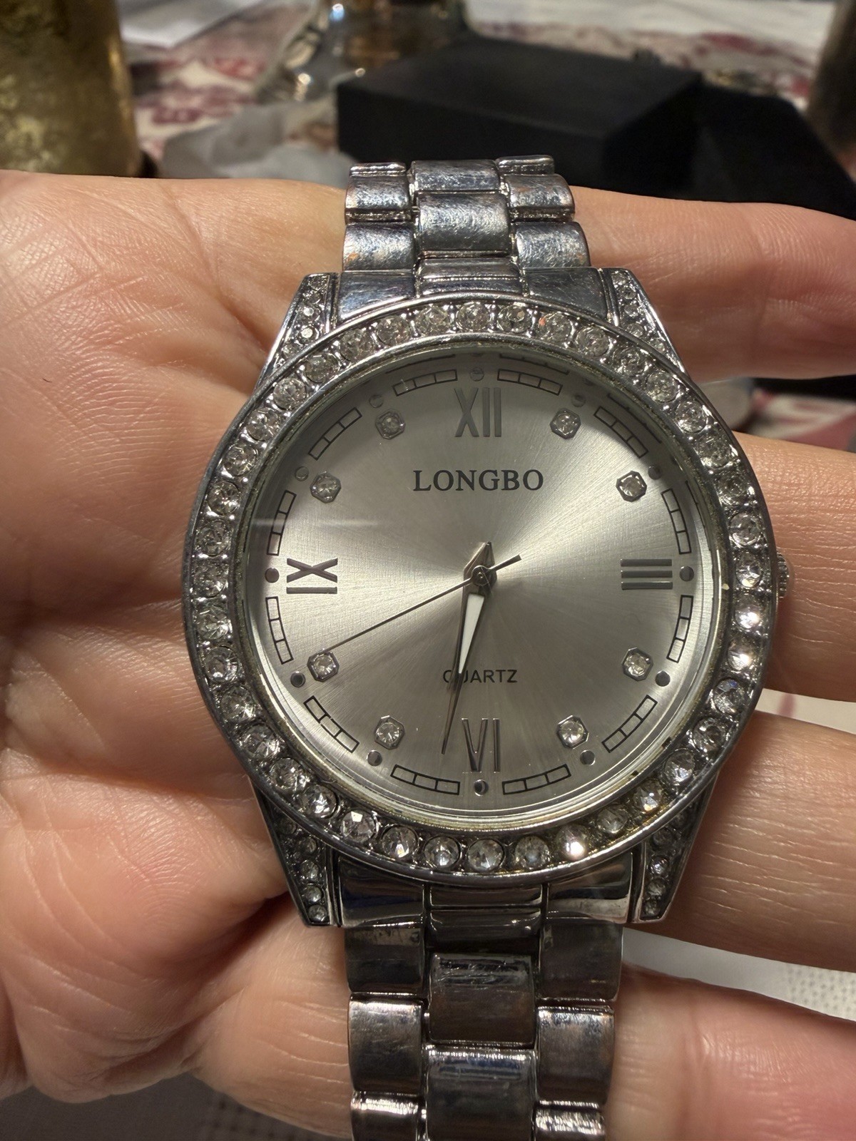 LONGBO Women’s Quartz Analog Dress Watch Silver Metal Bracelet Rhinestone Bezel