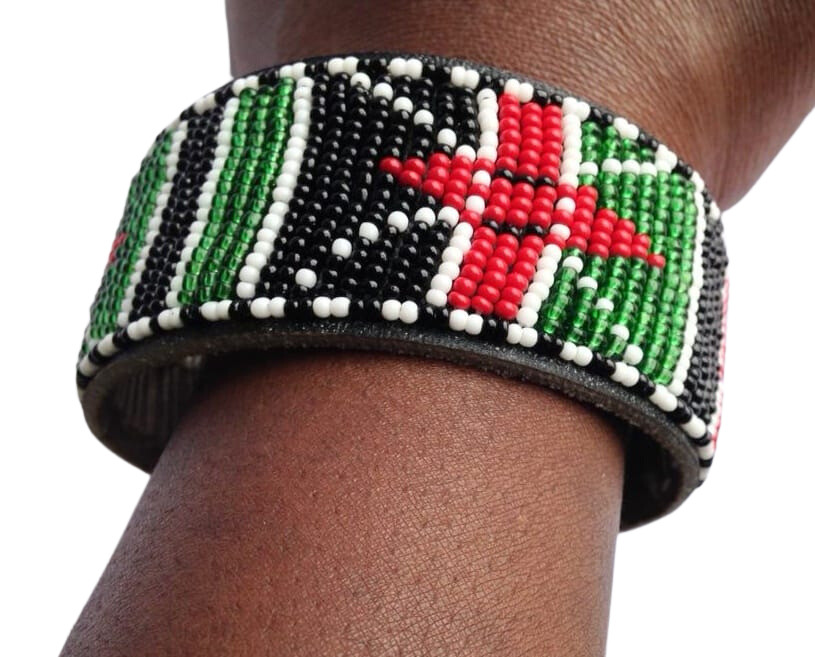 Wrist Band Bracelet Masai Beads Kenya Flag African Unisex Leather 8.5″/ 21.6 cm