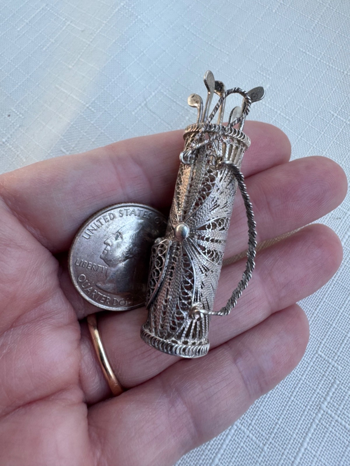 Estate Sterling Silver 950 Filigree Golf Bag w/ Clubs Brooch Pin Golfing 10.7g
