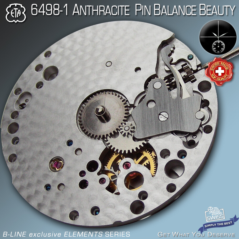 MOVEMENT ETA 6498-1, HIGHEND ANTHRACITE ELABORE, PIN BALANCE ¾ BRIDGE, 17 JEWELS