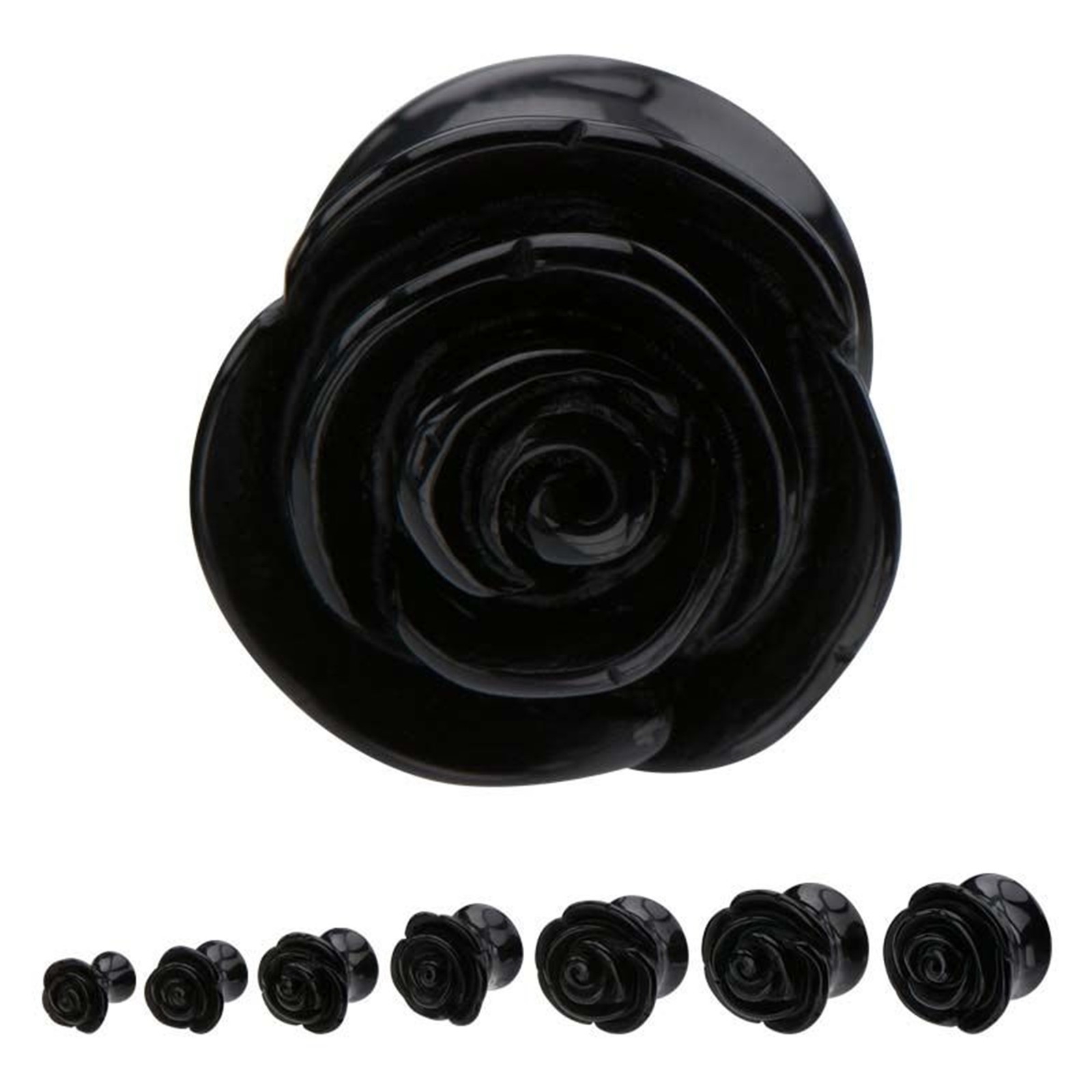 PAIR-Rose Black Acrylic Double Flare Ear Plugs 05mm/4 Gauge Body Jewelry